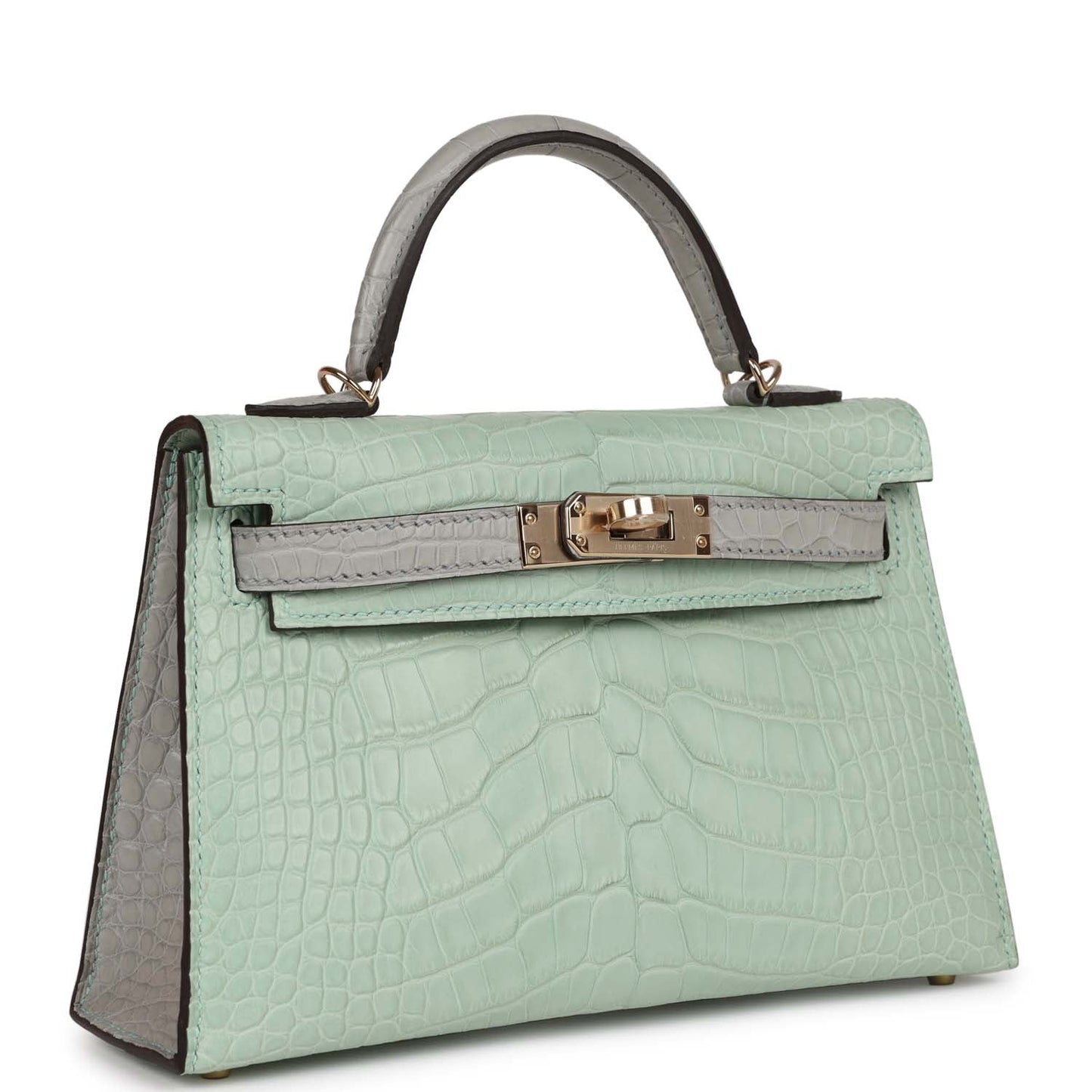Luxury Hermes Special Order (HSS) Kelly Sellier 20 Vert D'Eau and Gris Perle Matte Alligator Permabrass Hardware