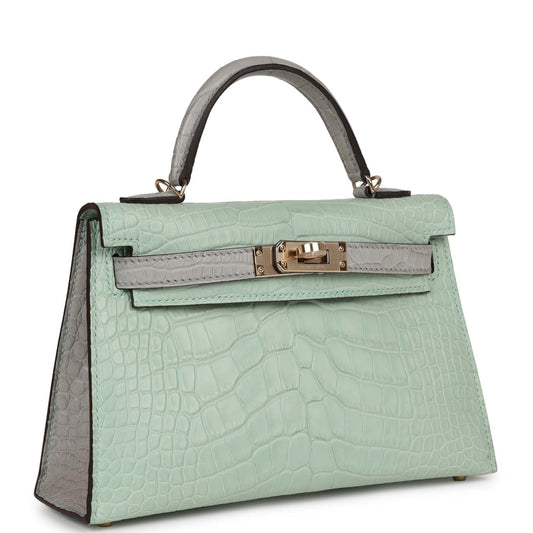 Luxury Hermes Special Order (HSS) Kelly Sellier 20 Vert D'Eau and Gris Perle Matte Alligator Permabrass Hardware