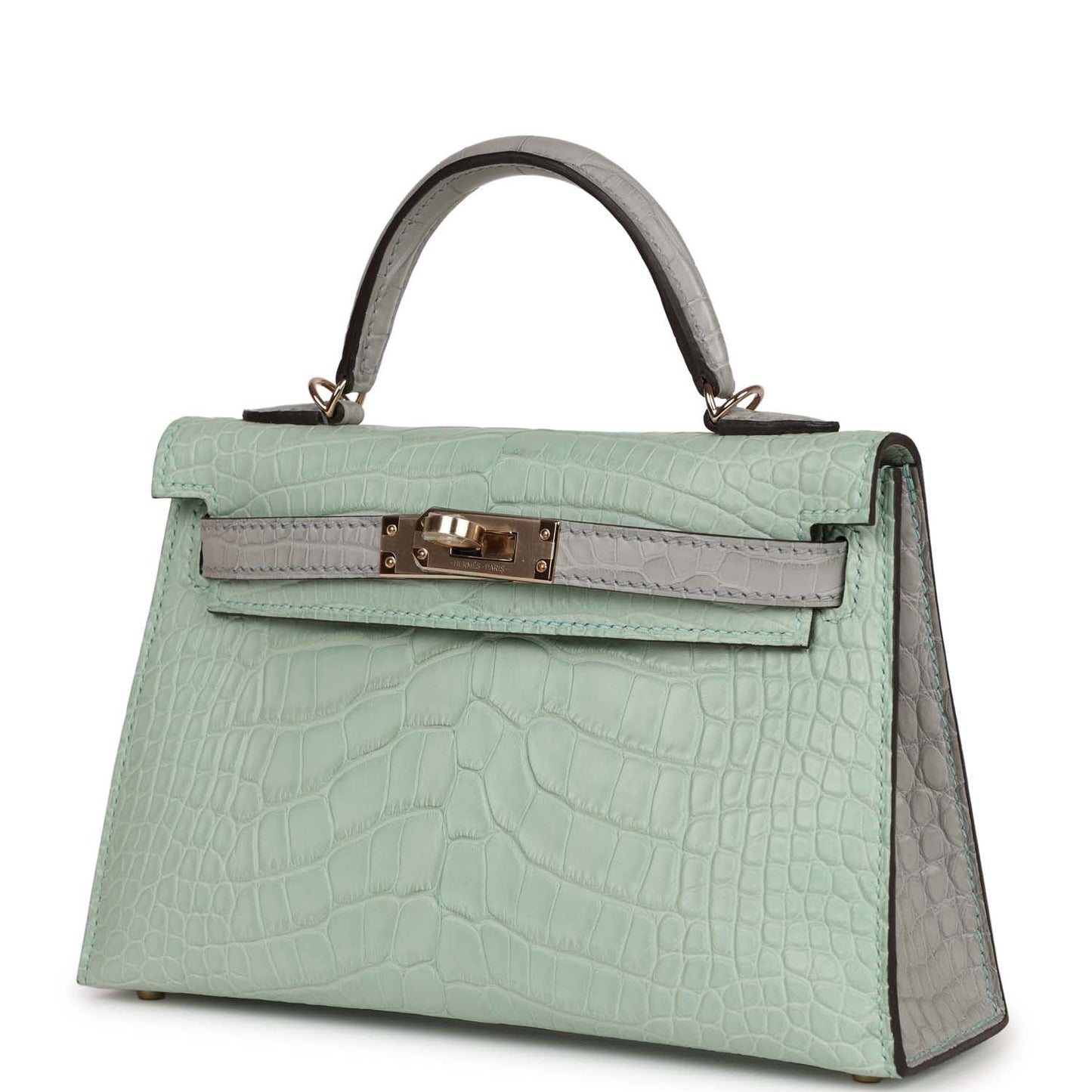 Luxury Hermes Special Order (HSS) Kelly Sellier 20 Vert D'Eau and Gris Perle Matte Alligator Permabrass Hardware