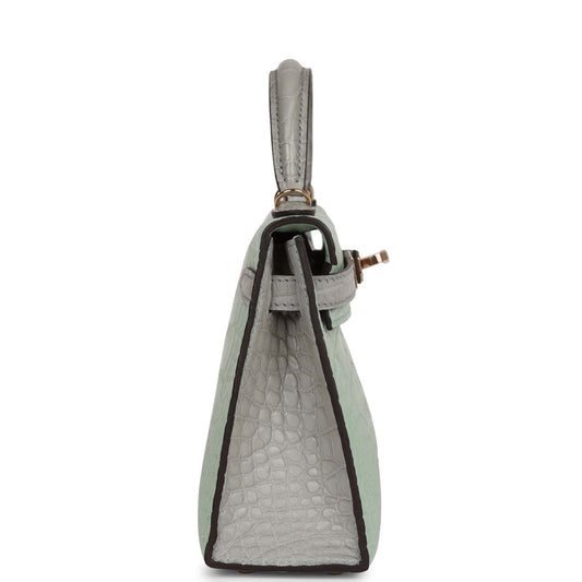 Luxury Hermes Special Order (HSS) Kelly Sellier 20 Vert D'Eau and Gris Perle Matte Alligator Permabrass Hardware