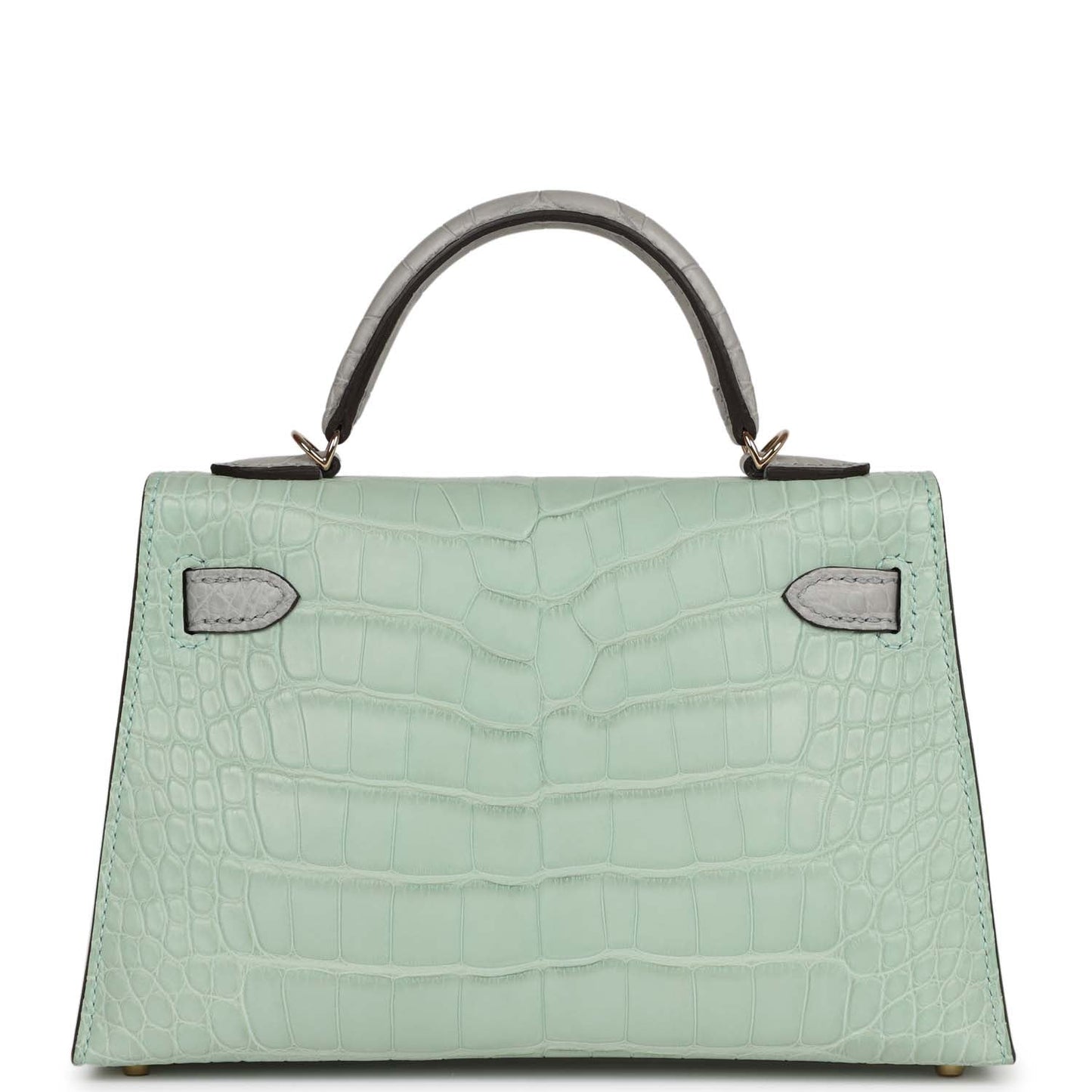 Luxury Hermes Special Order (HSS) Kelly Sellier 20 Vert D'Eau and Gris Perle Matte Alligator Permabrass Hardware