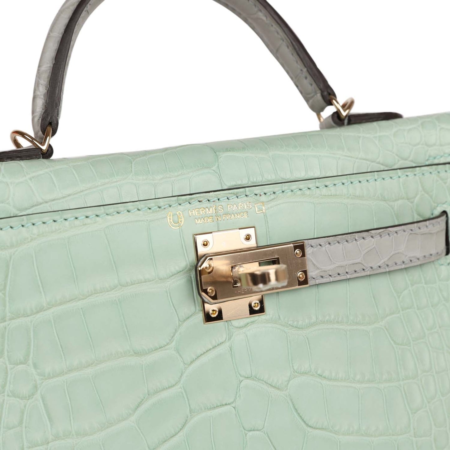 Luxury Hermes Special Order (HSS) Kelly Sellier 20 Vert D'Eau and Gris Perle Matte Alligator Permabrass Hardware