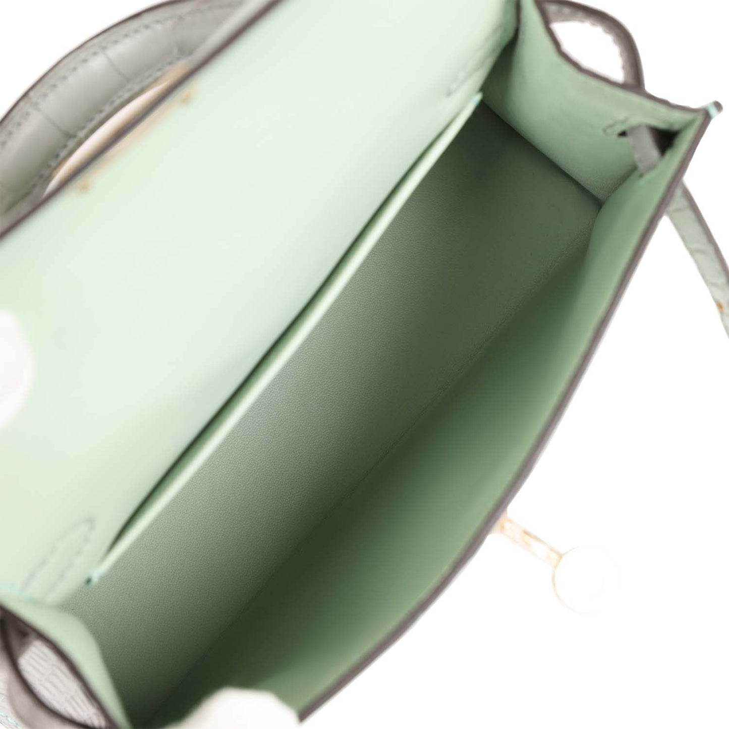 Luxury Hermes Special Order (HSS) Kelly Sellier 20 Vert D'Eau and Gris Perle Matte Alligator Permabrass Hardware
