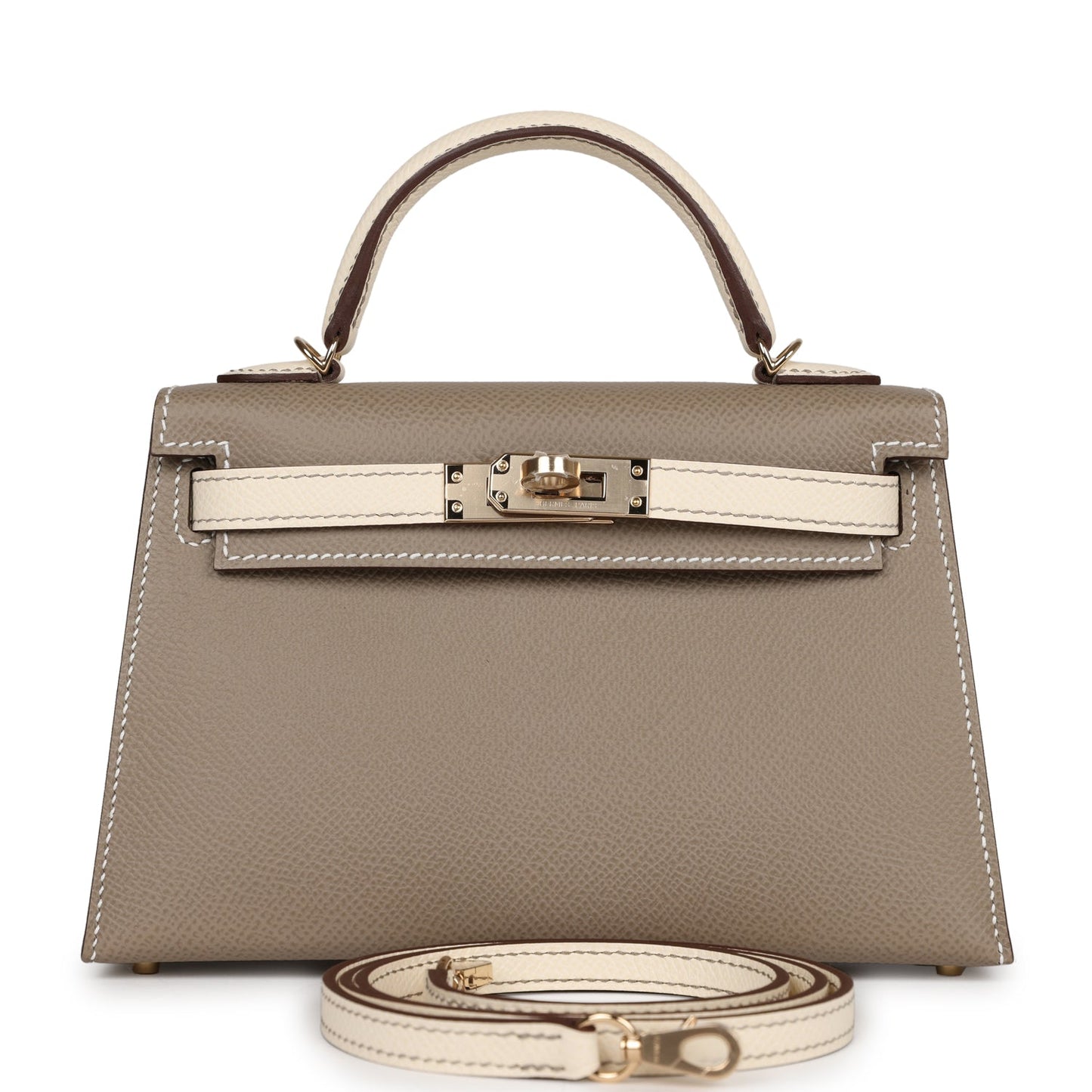 Luxury Hermes Special Order (HSS) Kelly 20 Nata and Gris Asphalte Epsom Sellier Gold Hardware