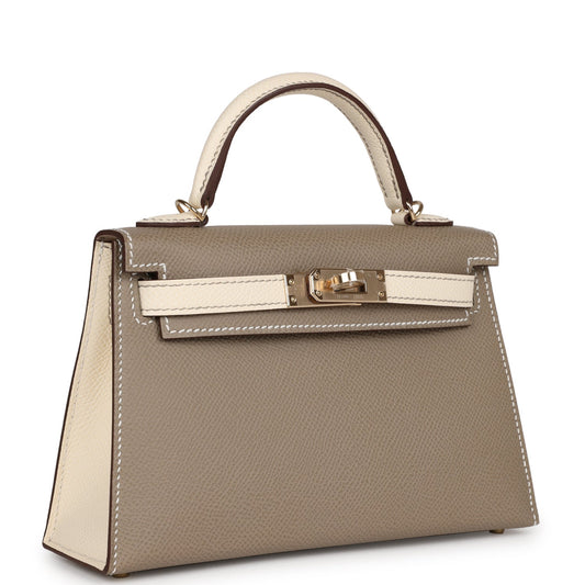 Luxury Hermes Special Order (HSS) Kelly 20 Nata and Gris Asphalte Epsom Sellier Gold Hardware