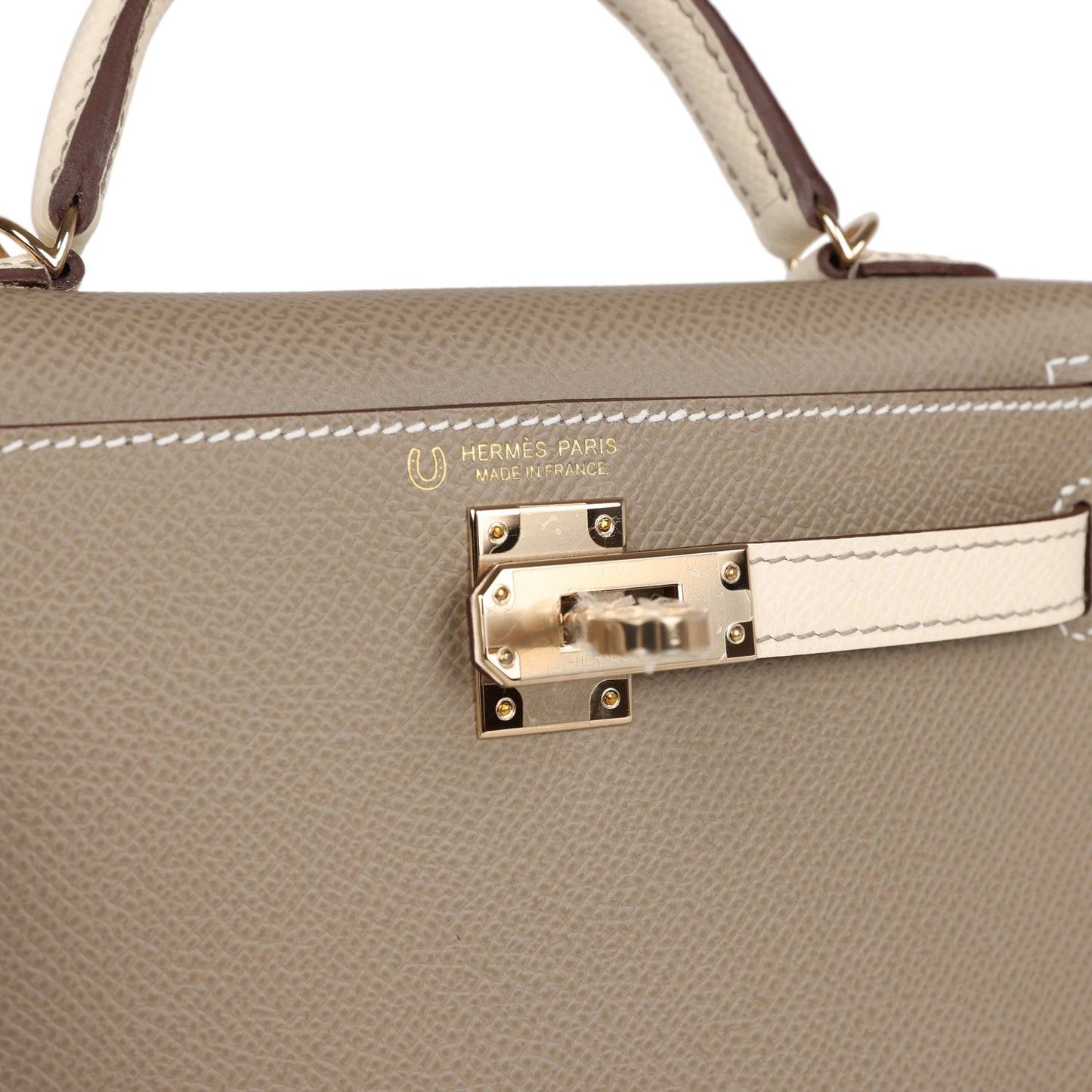 Luxury Hermes Special Order (HSS) Kelly 20 Nata and Gris Asphalte Epsom Sellier Gold Hardware