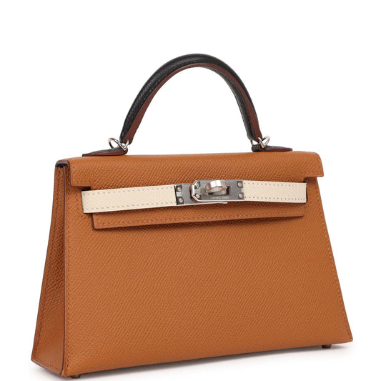 Luxury Hermes Kelly Sellier 20 Tri-color Gold, Black and Nata Epsom Palladium Hardware