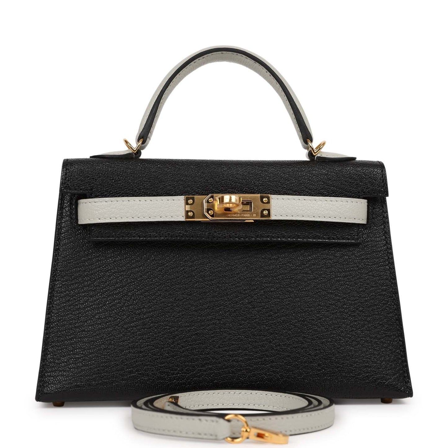 Luxury Hermes HSS Kelly Sellier 20 Black and Gris Perle Chevre Mysore Gold Hardware