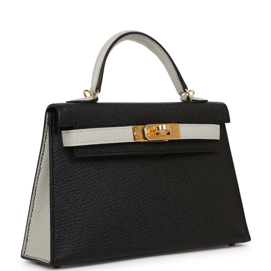 Luxury Hermes HSS Kelly Sellier 20 Black and Gris Perle Chevre Mysore Gold Hardware