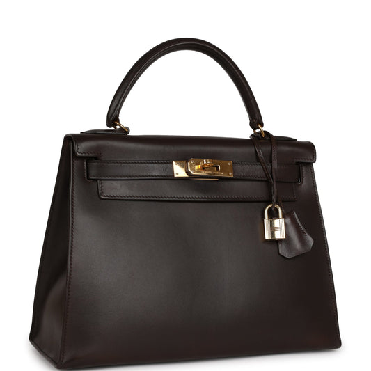 Vintage Luxury Hermes Kelly Sellier 28 Chocolate Box Gold Hardware