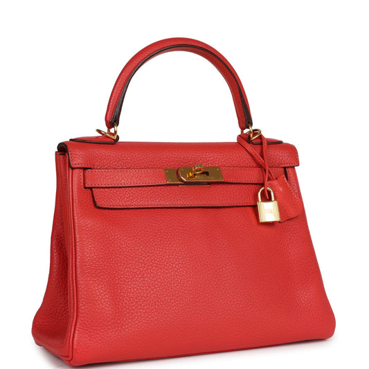 Top Quality Luxury Hermes Kelly Retourne 28 Rouge Pivoine Togo Gold Hardware
