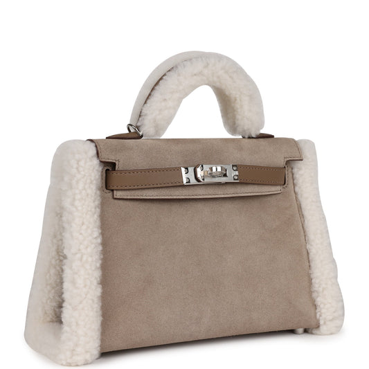 Luxury Hermes Teddy Kelly 20 Etoupe Shearling and Swift Palladium Hardware
