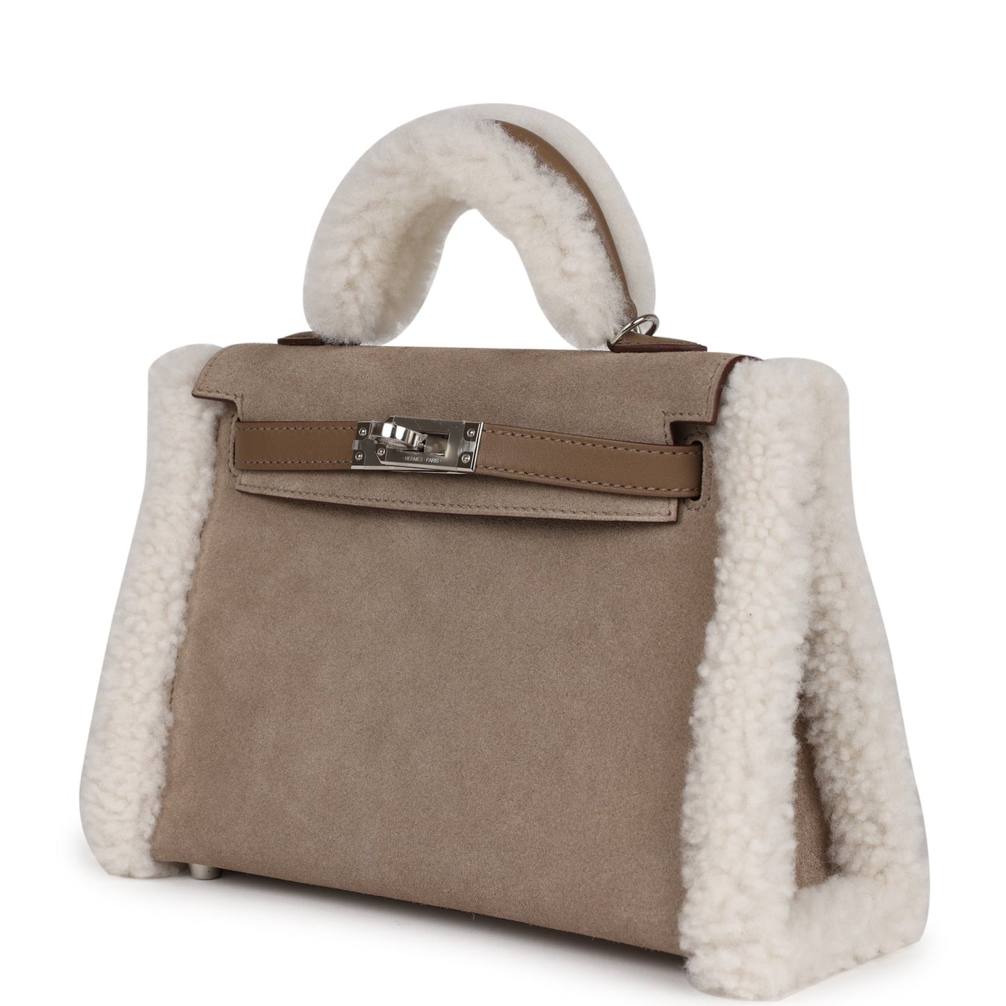 Luxury Hermes Teddy Kelly 20 Etoupe Shearling and Swift Palladium Hardware