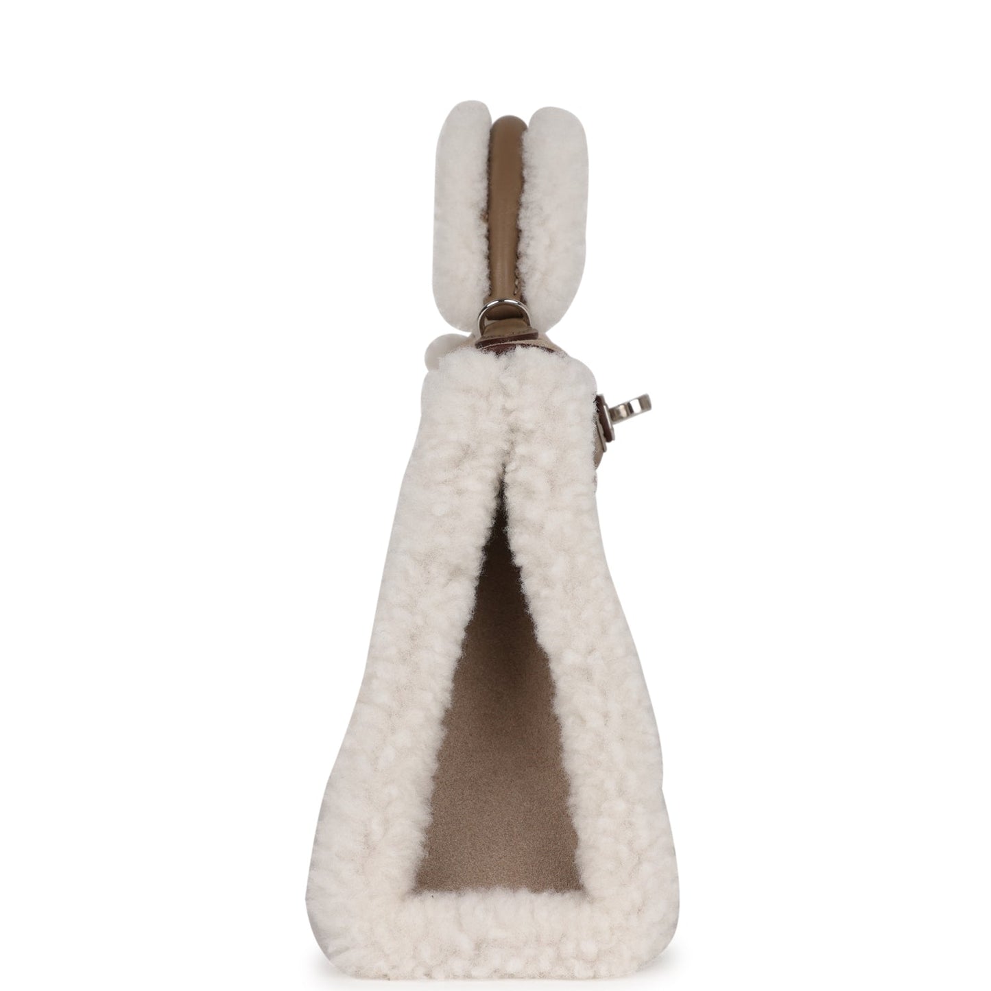 Luxury Hermes Teddy Kelly 20 Etoupe Shearling and Swift Palladium Hardware