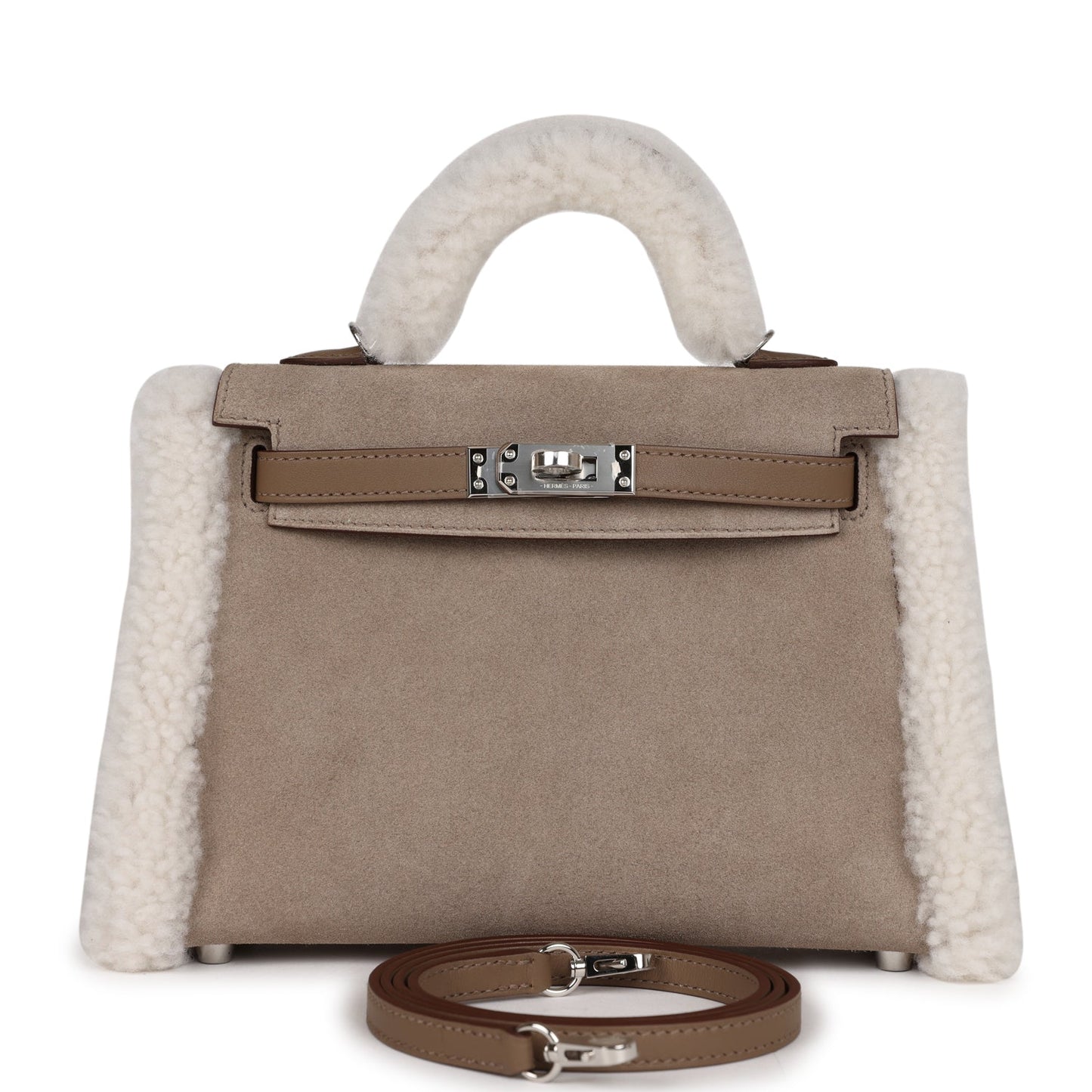 Luxury Hermes Teddy Kelly 20 Etoupe Shearling and Swift Palladium Hardware