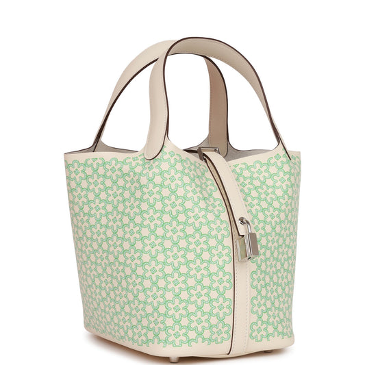 Luxury Hermes Picotin Lock 18 "Lucky Daisy" Nata Swift Palladium Hardware