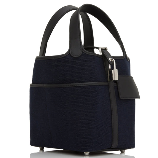 Luxury Hermes Picotin Cargo 18 Bleu Marine and Black Swift and Toile Canvas Palladium Hardware