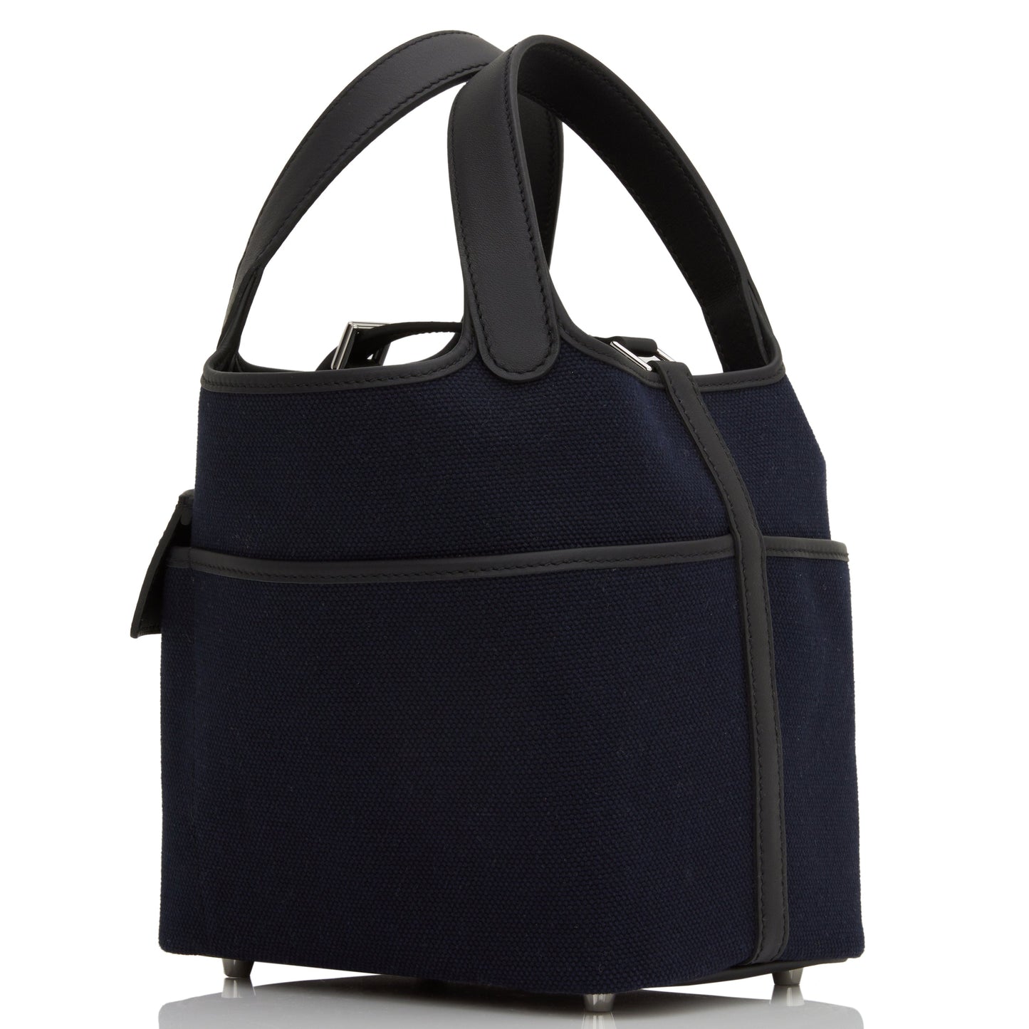 Luxury Hermes Picotin Cargo 18 Bleu Marine and Black Swift and Toile Canvas Palladium Hardware