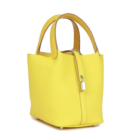 Luxury Hermes Picotin Lock 18 Mimosa Matte Alligator and Lime Clemence Touch Palladium Hardware