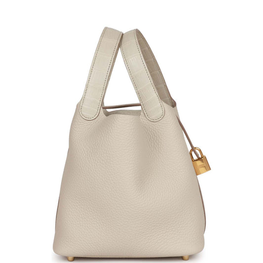 Luxury Hermes Picotin Lock 18 Beton Matte Alligator and Clemence Touch Gold Hardware