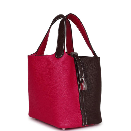 Luxury Hermes Picotin Lock 18 Casaque Framboise and Rouge Sellier Clemence Palladium Hardware