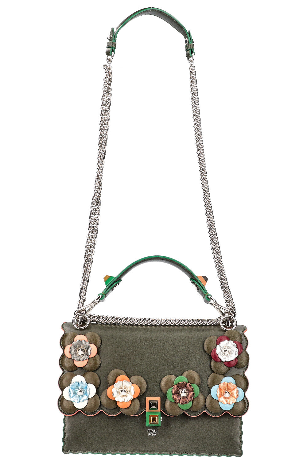 Luxury Fendi Flowerland Kan I Bag Embellished Leather Bag Green