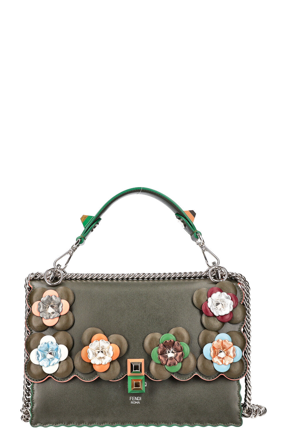 Luxury Fendi Flowerland Kan I Bag Embellished Leather Bag Green