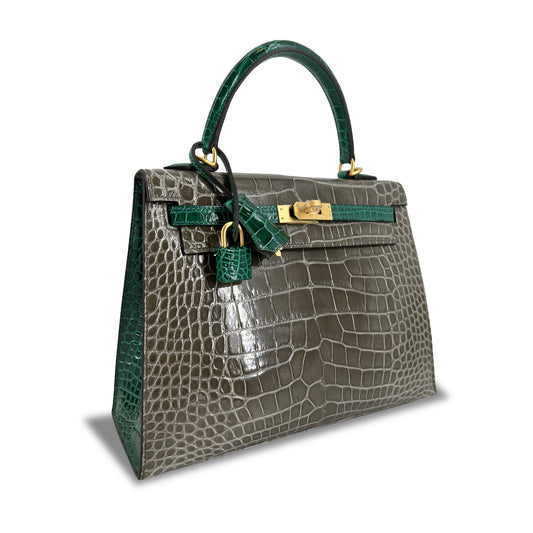 Top Quality Luxury Hermes Kelly designer bag Tourterelle Emerald Vert Lisse K25 GHW