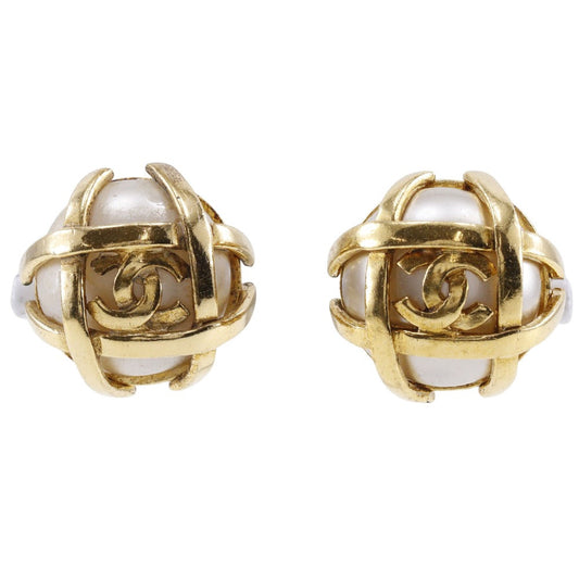 Chanel Coco Mark Earrings Gold Plated Faux Pearl