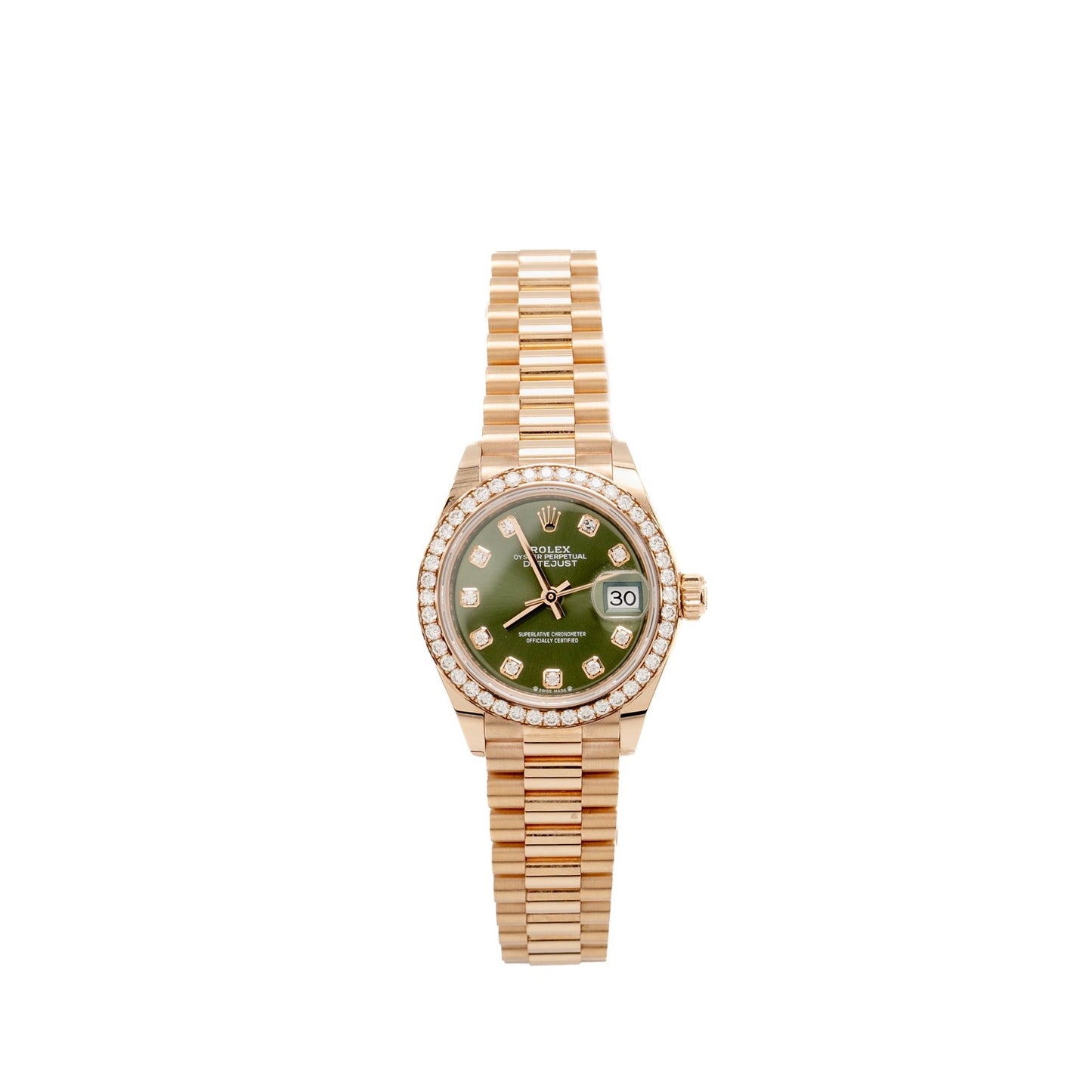 Rolex Lady-Datejust 28mm Everose Gold Olive-green Diamond-set Dial, President Bracelet Model: 279135RBR-0014