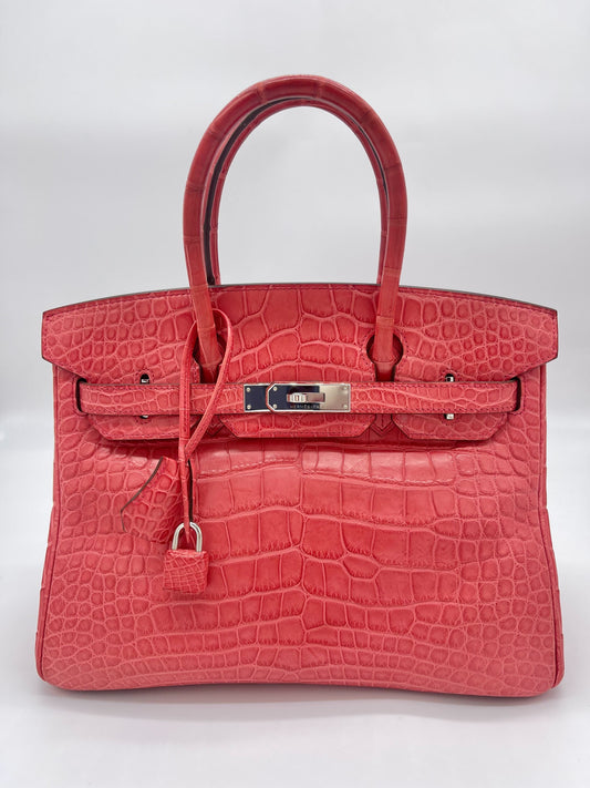 Luxury Hermes Birkin 30 Alligator Matte Bougainvillier Palladium Hardware