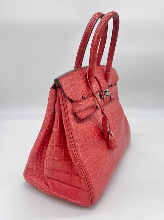 Luxury Hermes Birkin 30 Alligator Matte Bougainvillier Palladium Hardware