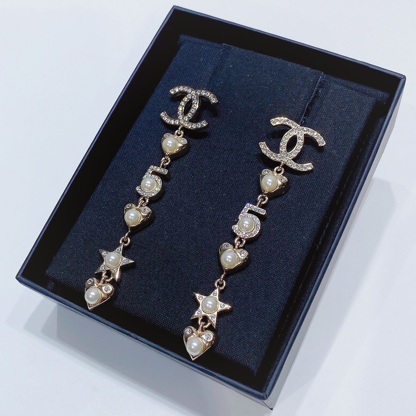 No.3636-Chanel Metal Crystal Heart & Star No.5 Earrings