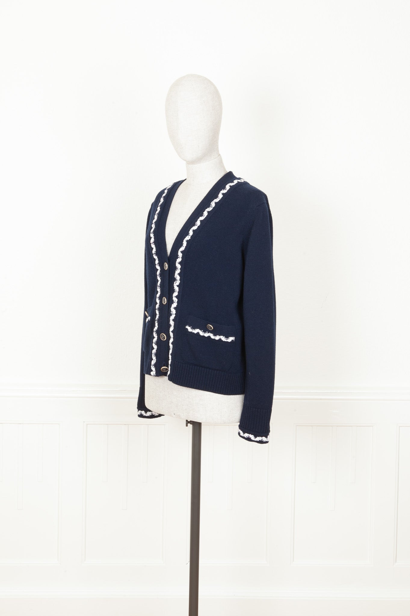 CHANEL 2021 Patch Pocket Knit Cardigan Navy
