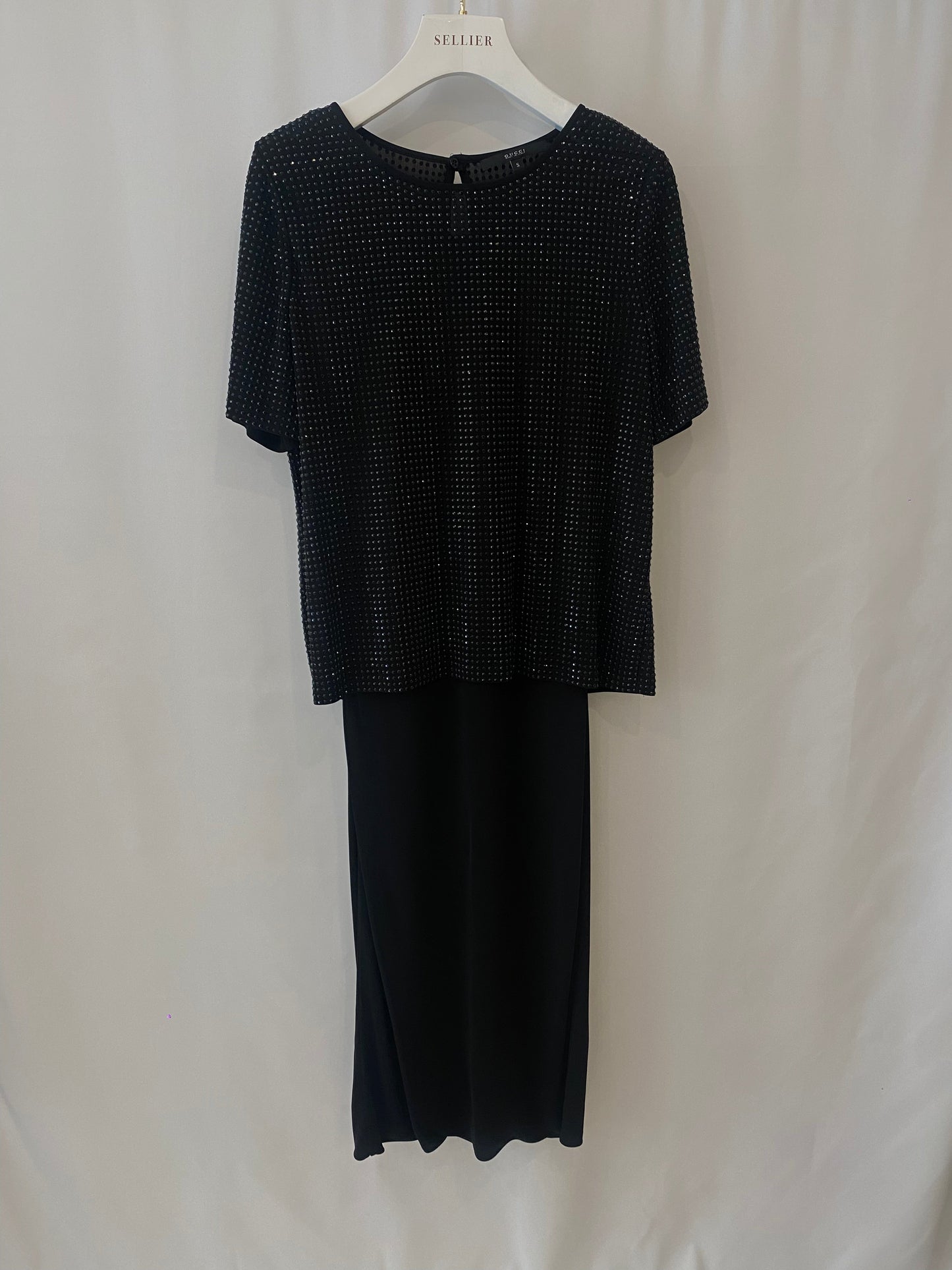 Luxury Gucci Black Embellished Short-Sleeved Long Dress Size S (UK 8)