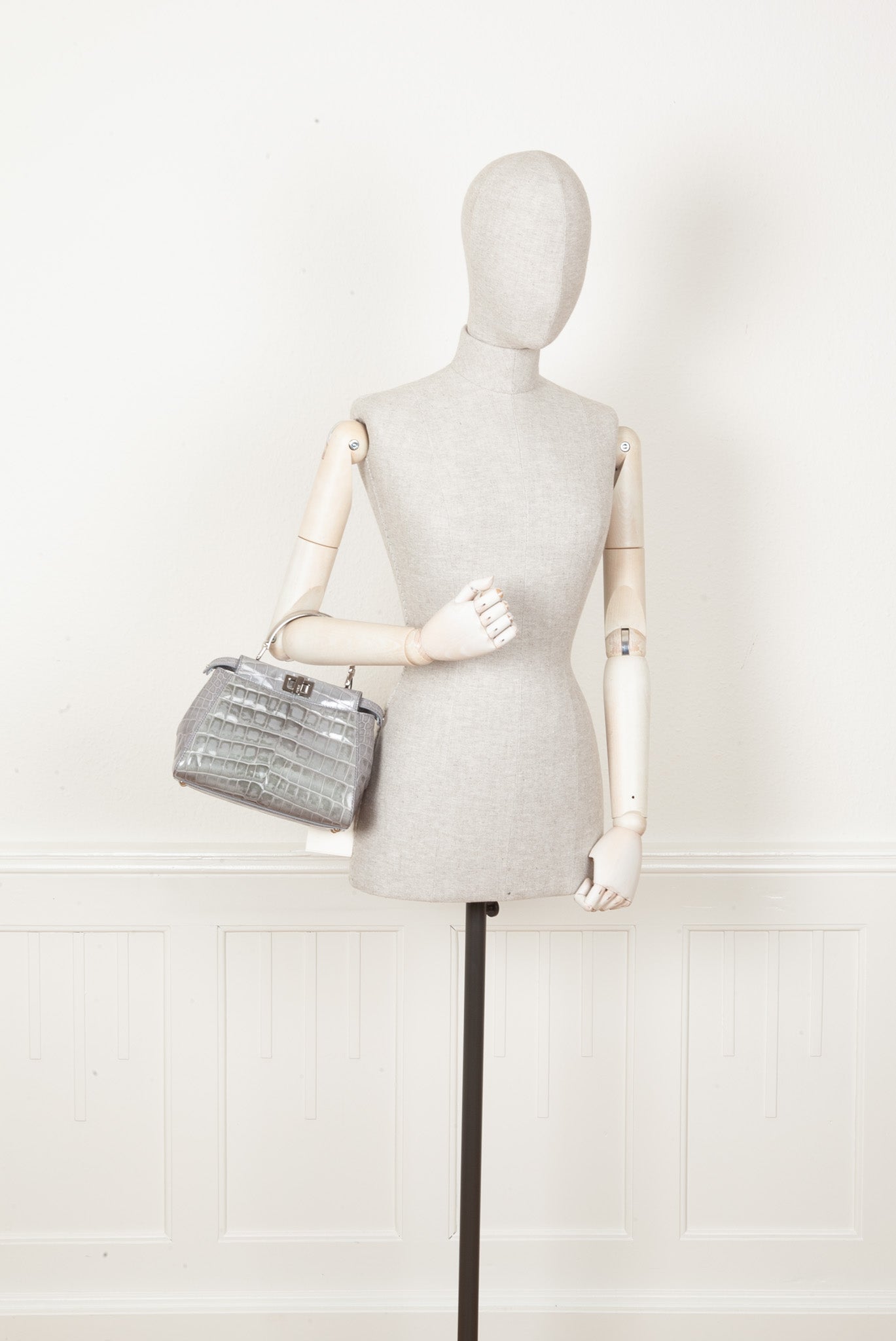 Luxury Fendi Peekaboo Mini Croco Shiny Bag Grey