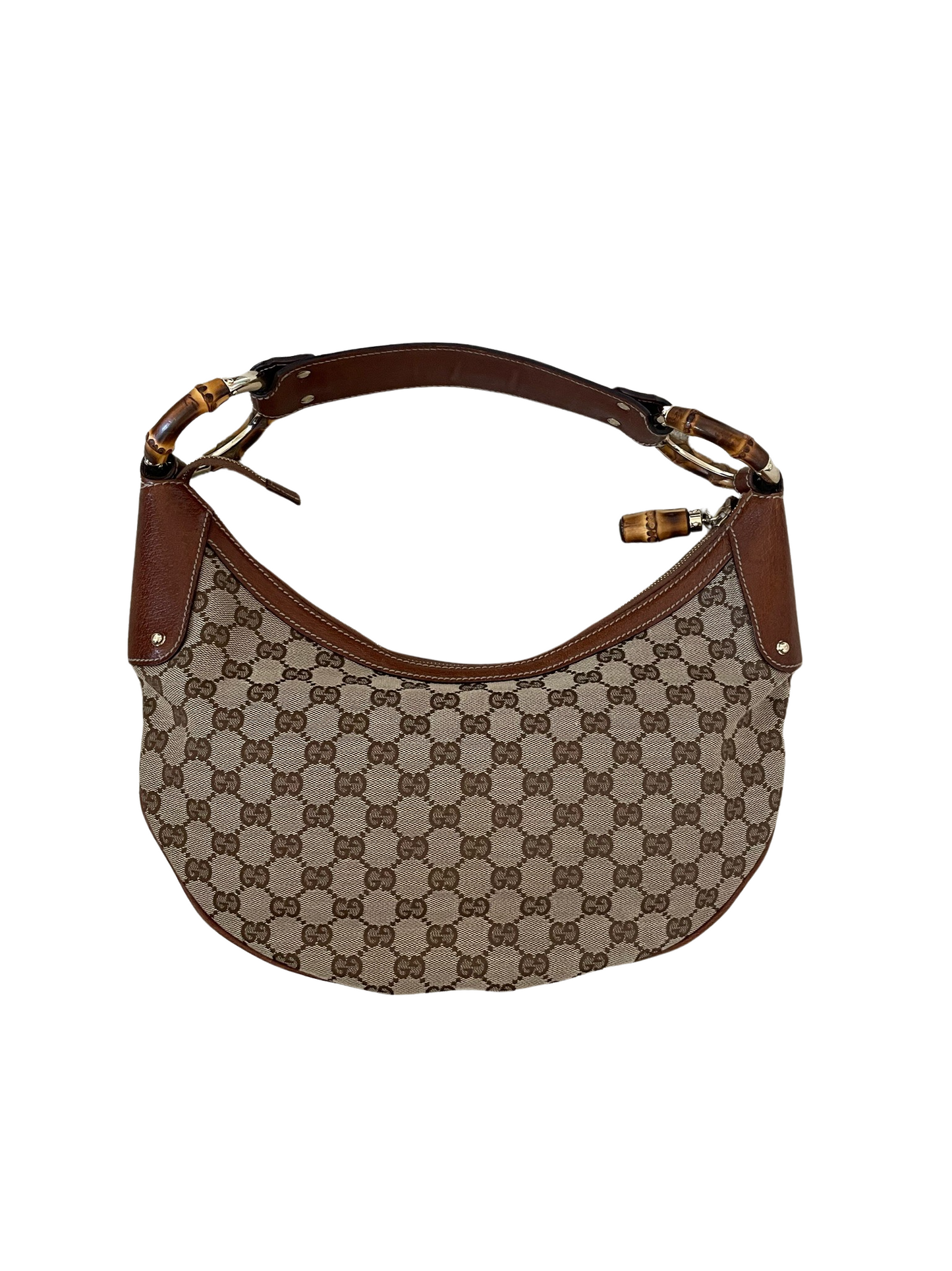 Luxury Gucci GG Bamboo Beige & Dark Brown Jacquard & Leather Handbag