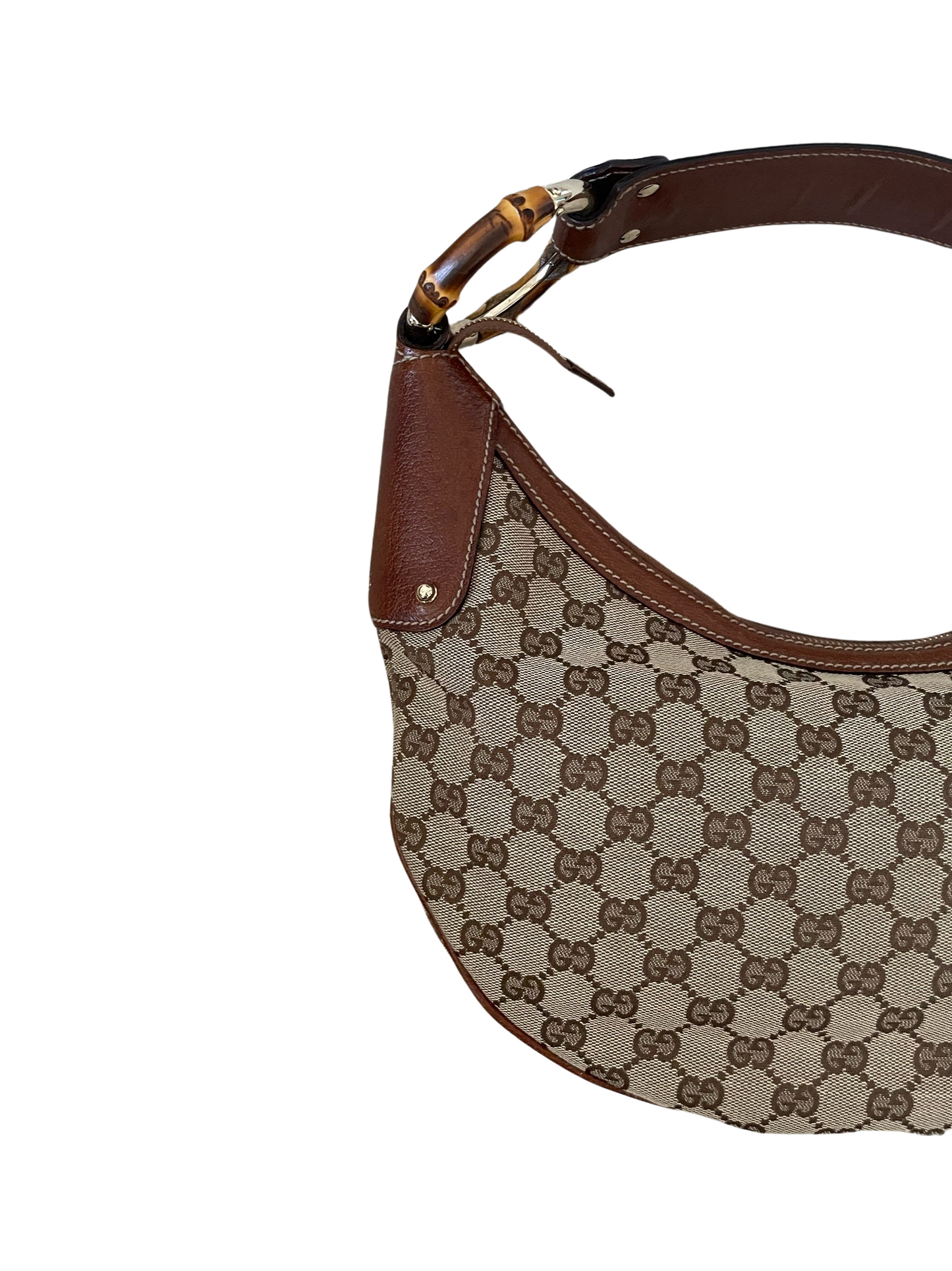 Luxury Gucci GG Bamboo Beige & Dark Brown Jacquard & Leather Handbag