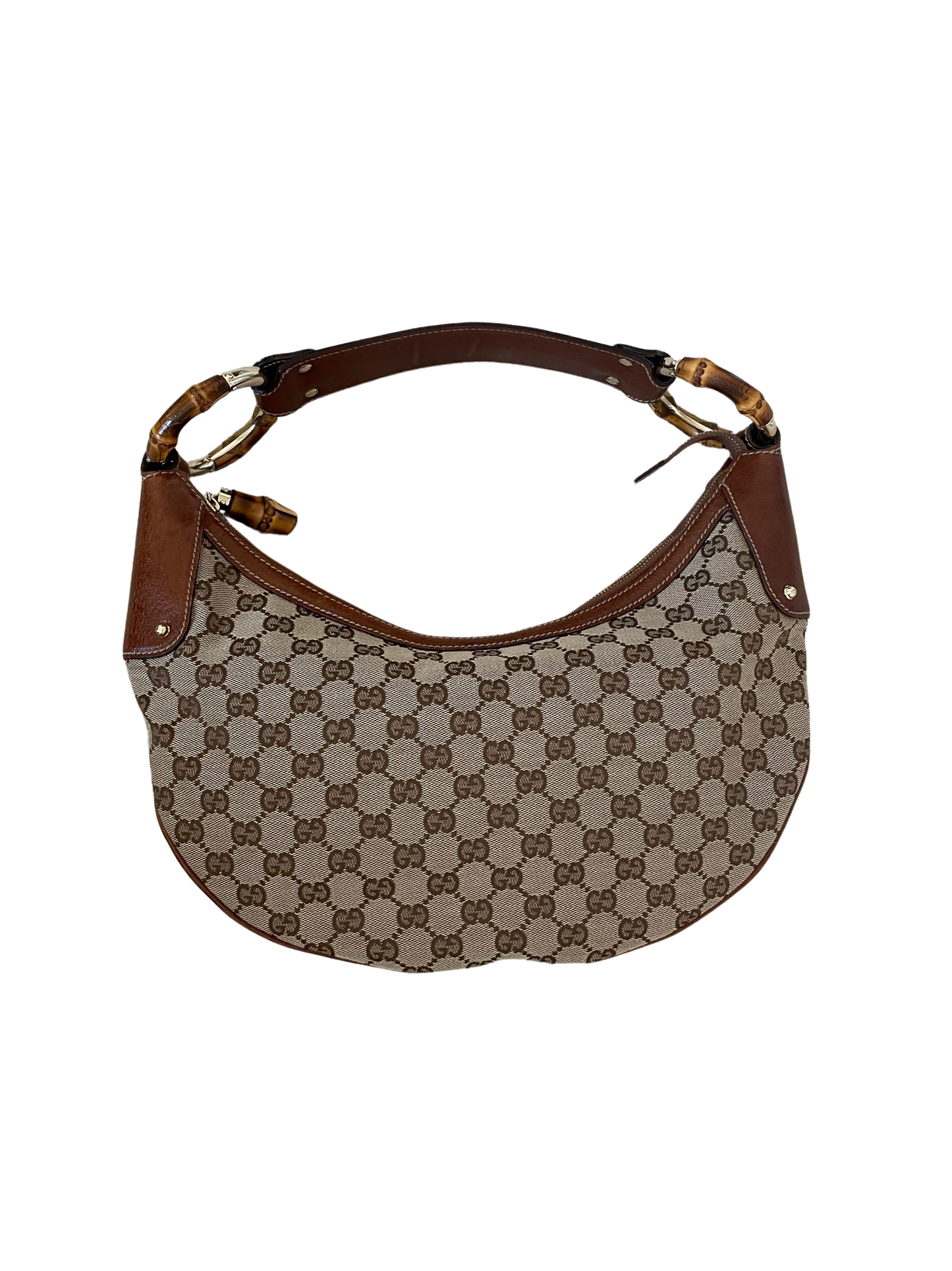 Luxury Gucci GG Bamboo Beige & Dark Brown Jacquard & Leather Handbag
