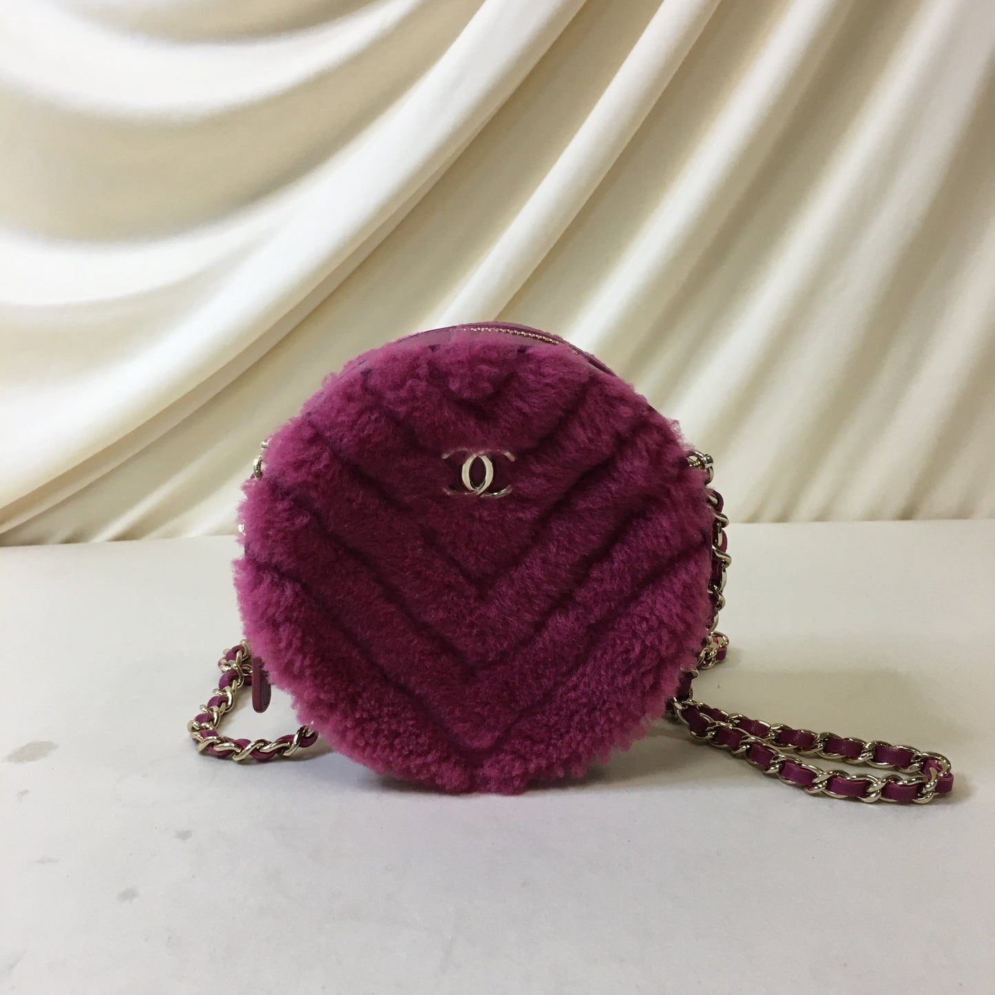 Chanel Pink Chevron Shearling Mini Round Clutch with Chain Sku# 66972