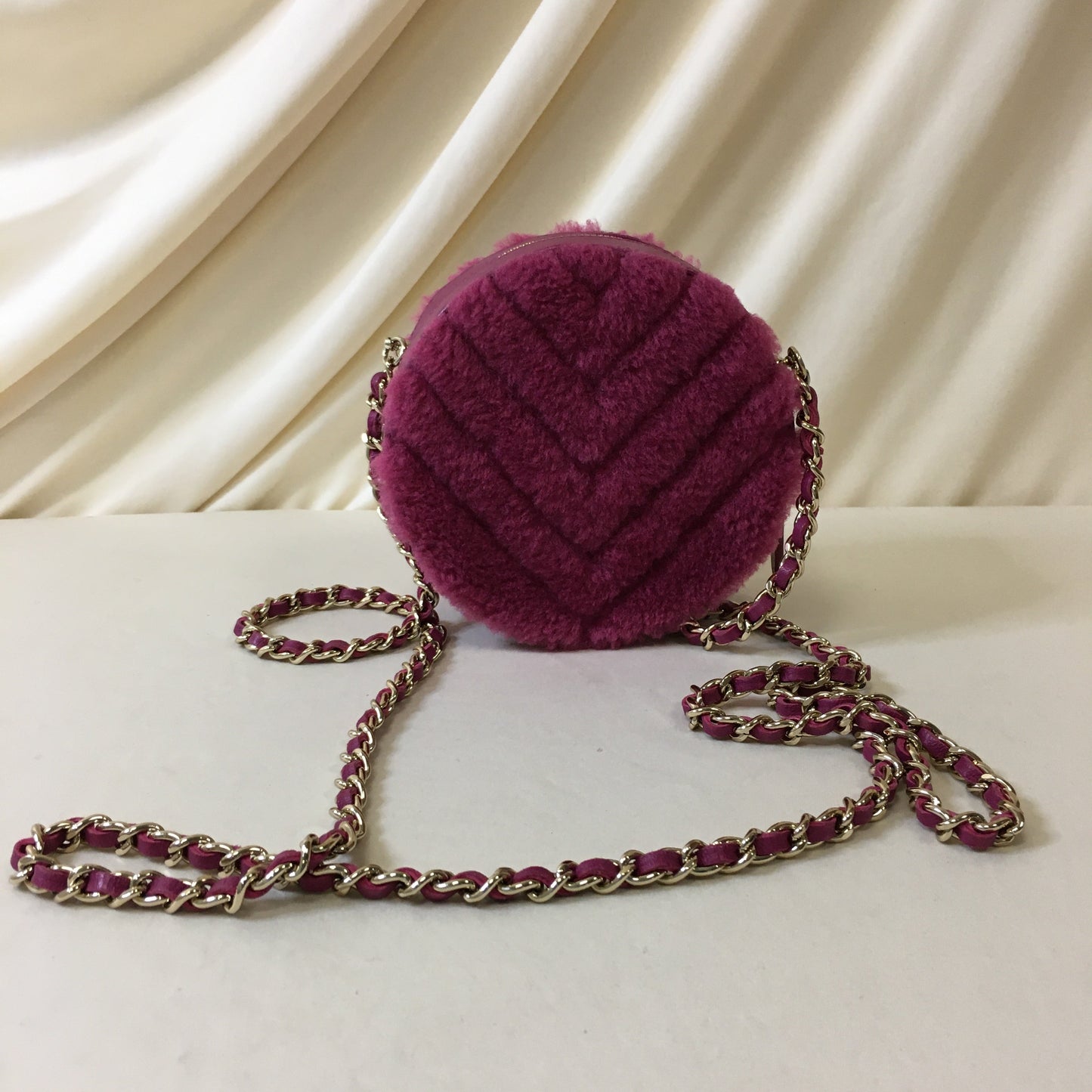 Chanel Pink Chevron Shearling Mini Round Clutch with Chain Sku# 66972