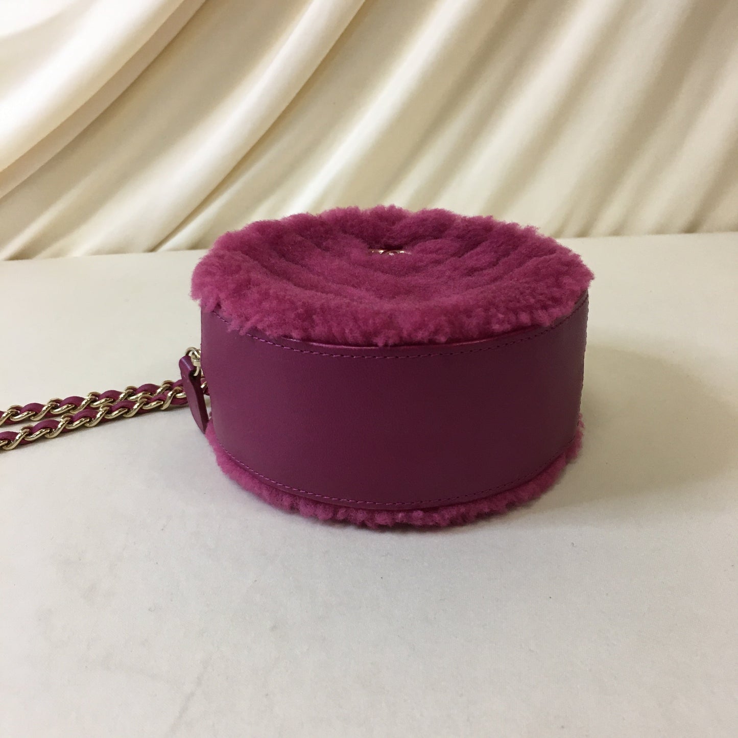 Chanel Pink Chevron Shearling Mini Round Clutch with Chain Sku# 66972