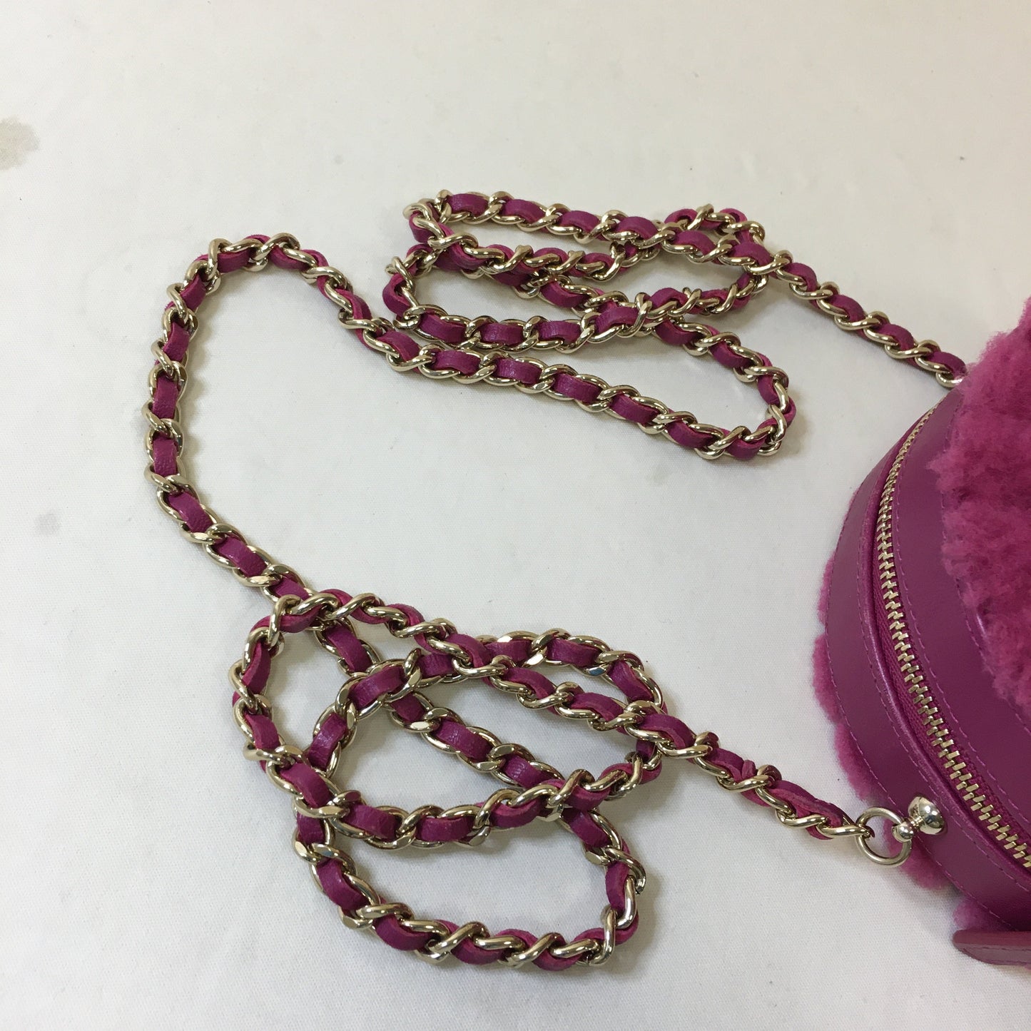 Chanel Pink Chevron Shearling Mini Round Clutch with Chain Sku# 66972