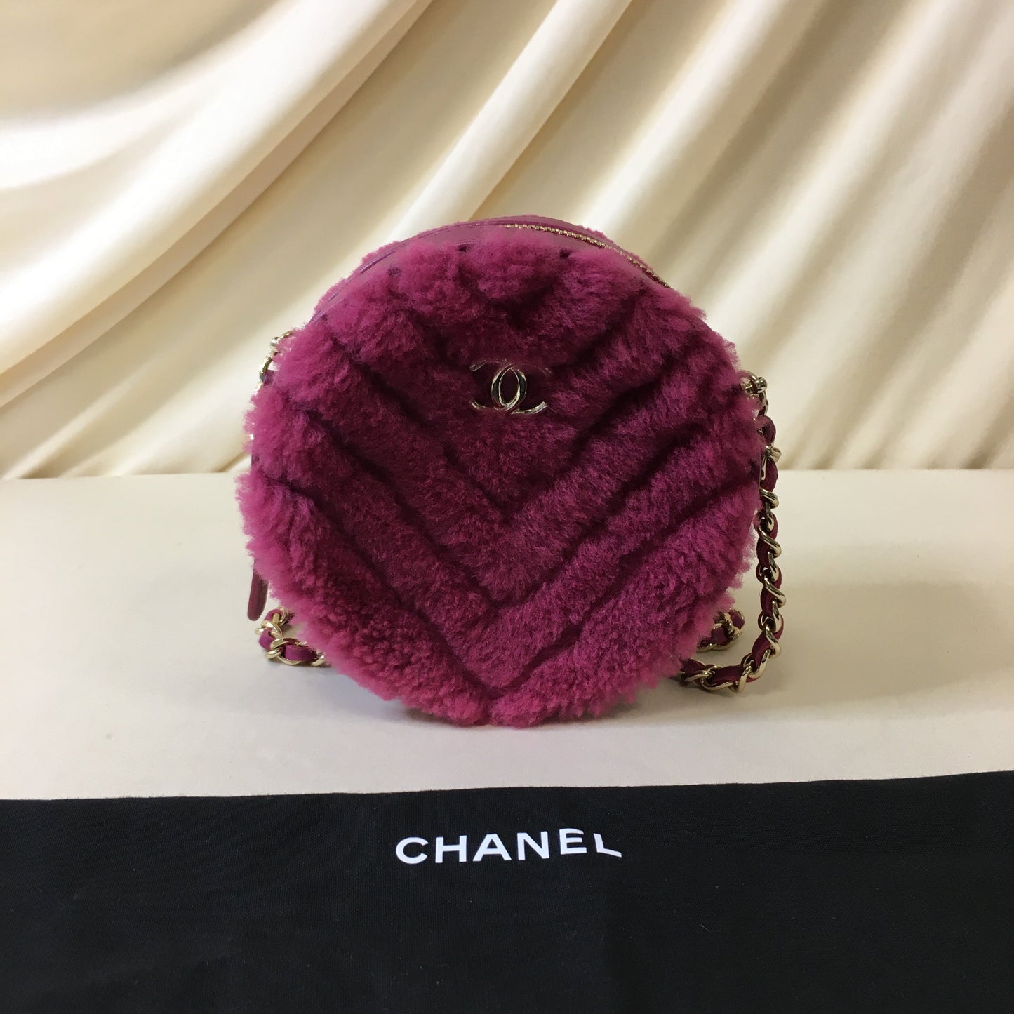 Chanel Pink Chevron Shearling Mini Round Clutch with Chain Sku# 66972