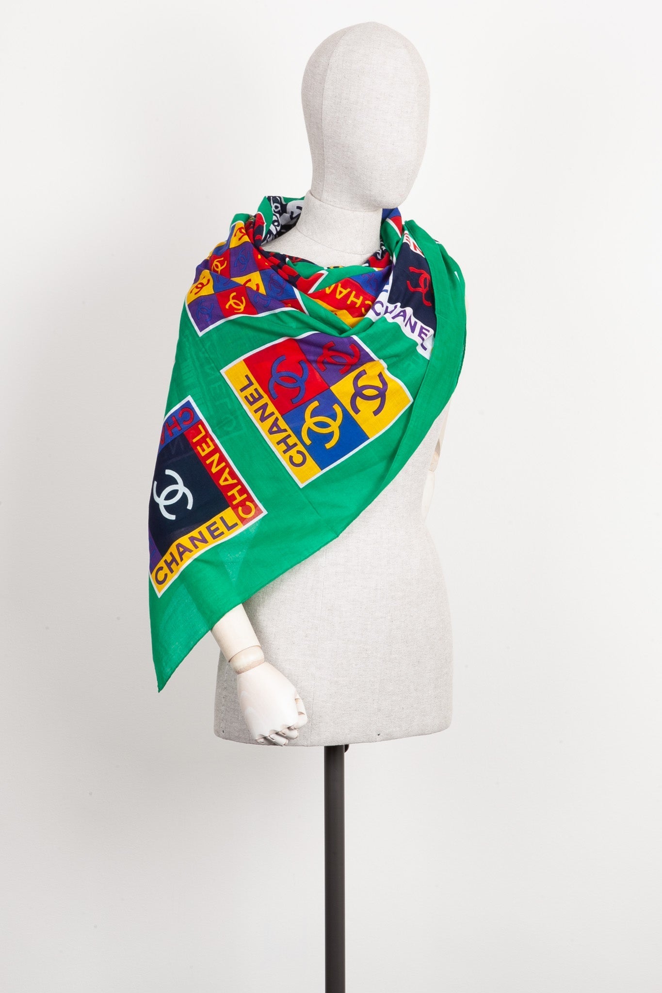 CHANEL Scarf CC Logo Cotton Green