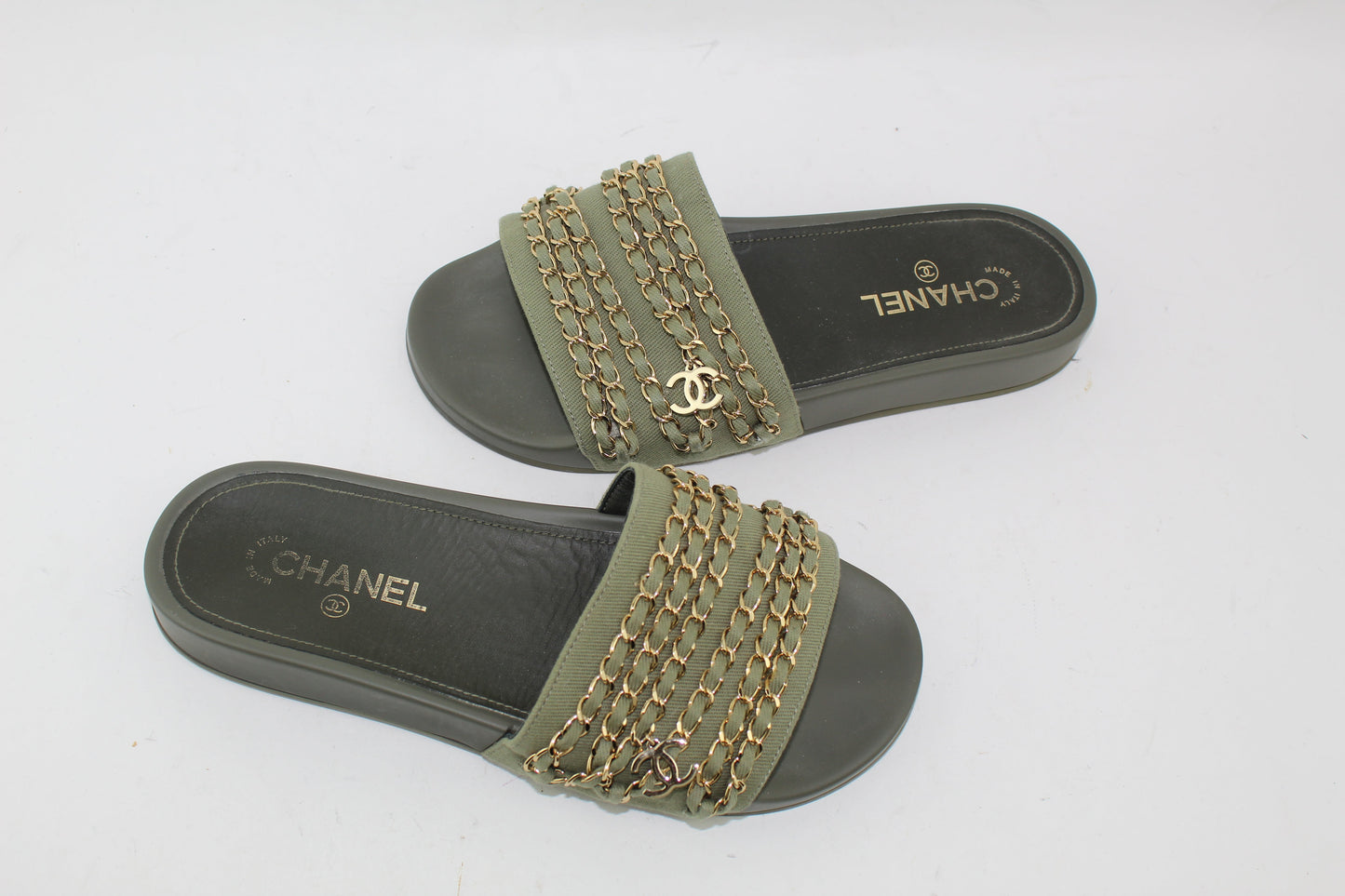 CHANEL CANVAS CHAIN SLIDES SIZE 41