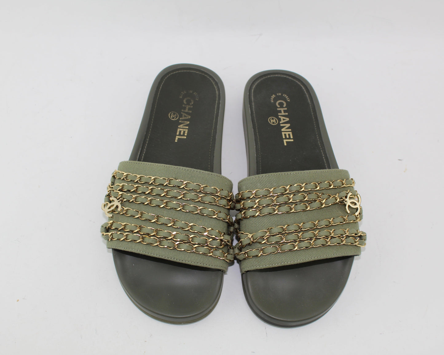 CHANEL CANVAS CHAIN SLIDES SIZE 41