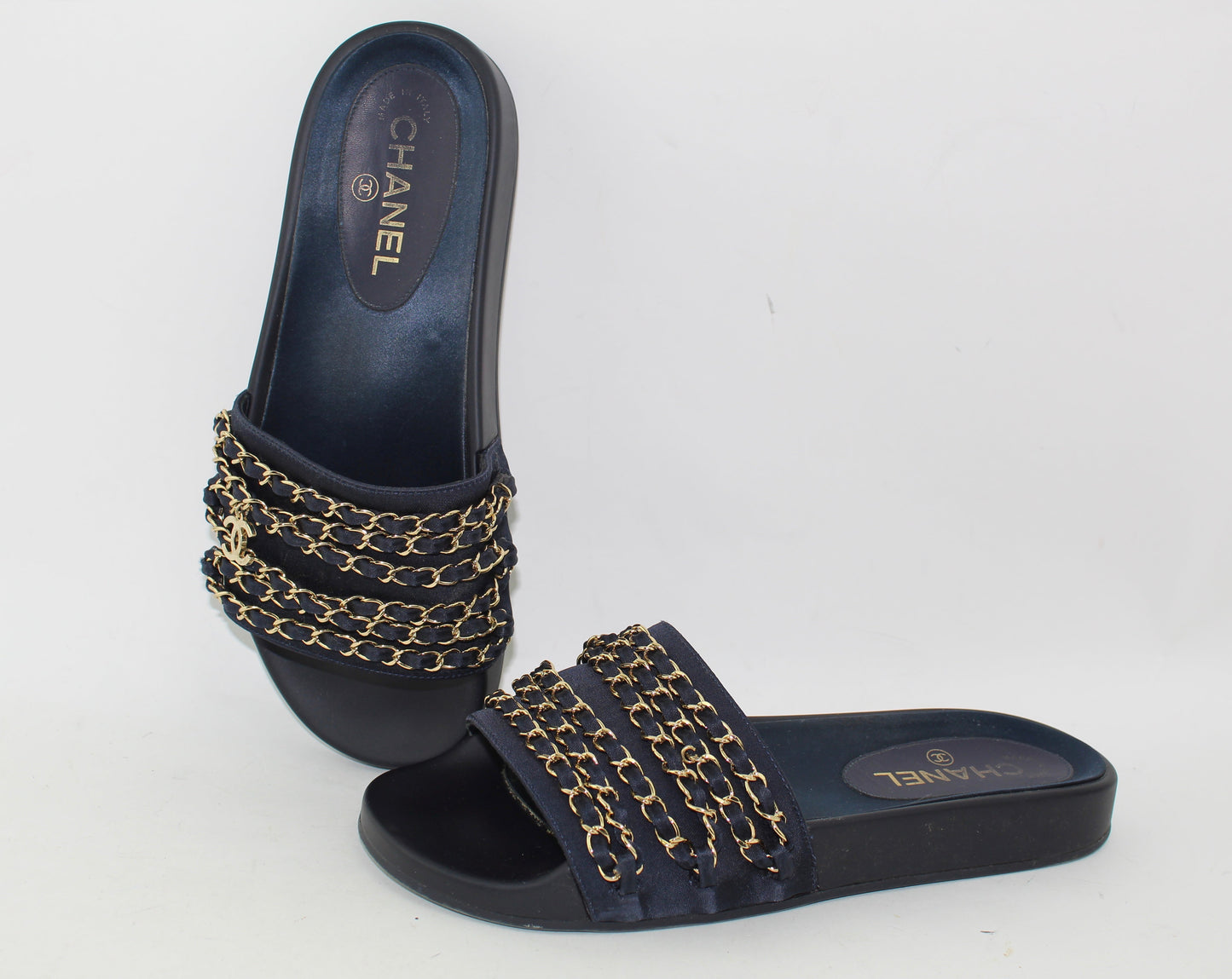 Chanel Satin Chain Slides Size 39