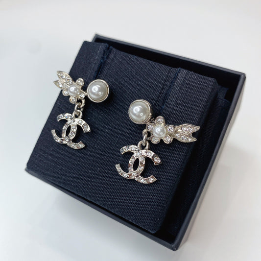 No.001517-2-Chanel Pearl & Crystal Coco Mark Earrings (Unused / 未使用品)