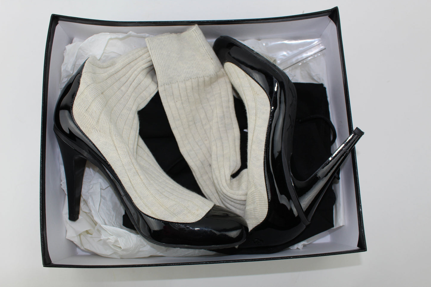 CHANEL BLACK PATENT LEATHER KNIT SOCK BOOTIES SIZE 37.5